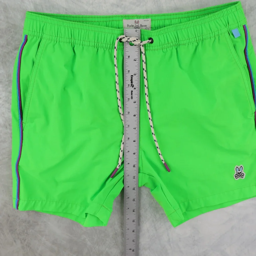 Psycho Bunny Swim Trunks Mens Small S Neon Green Piping Board Shorts Lined 5